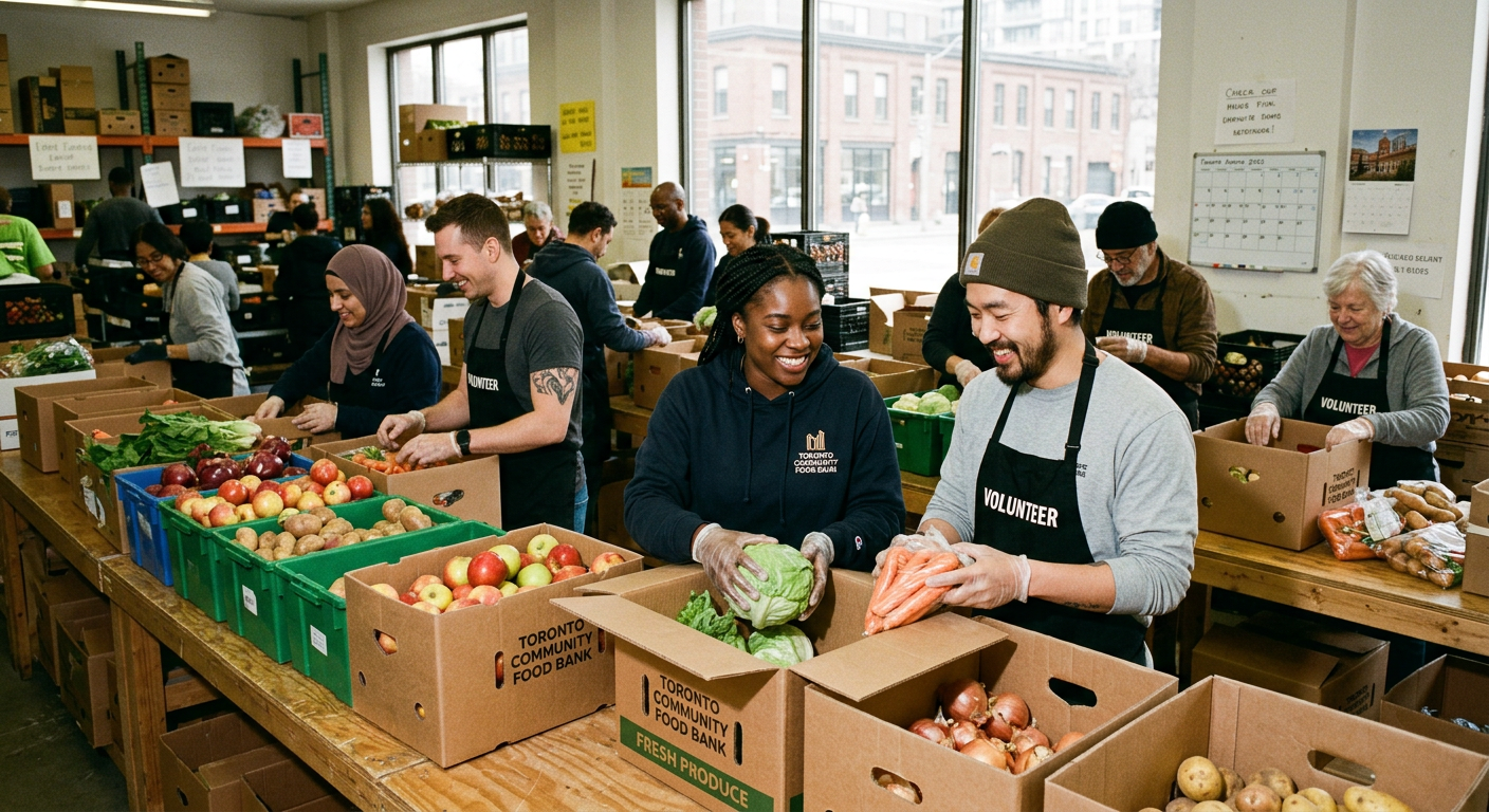 Volunteers packing fresh produce at a community food bank