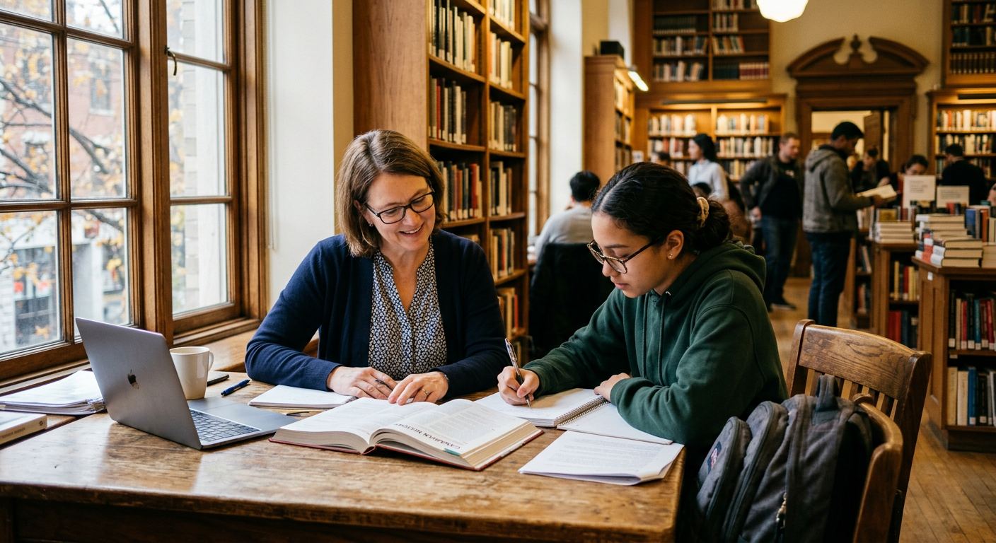 A student studying with a mentor in a public library