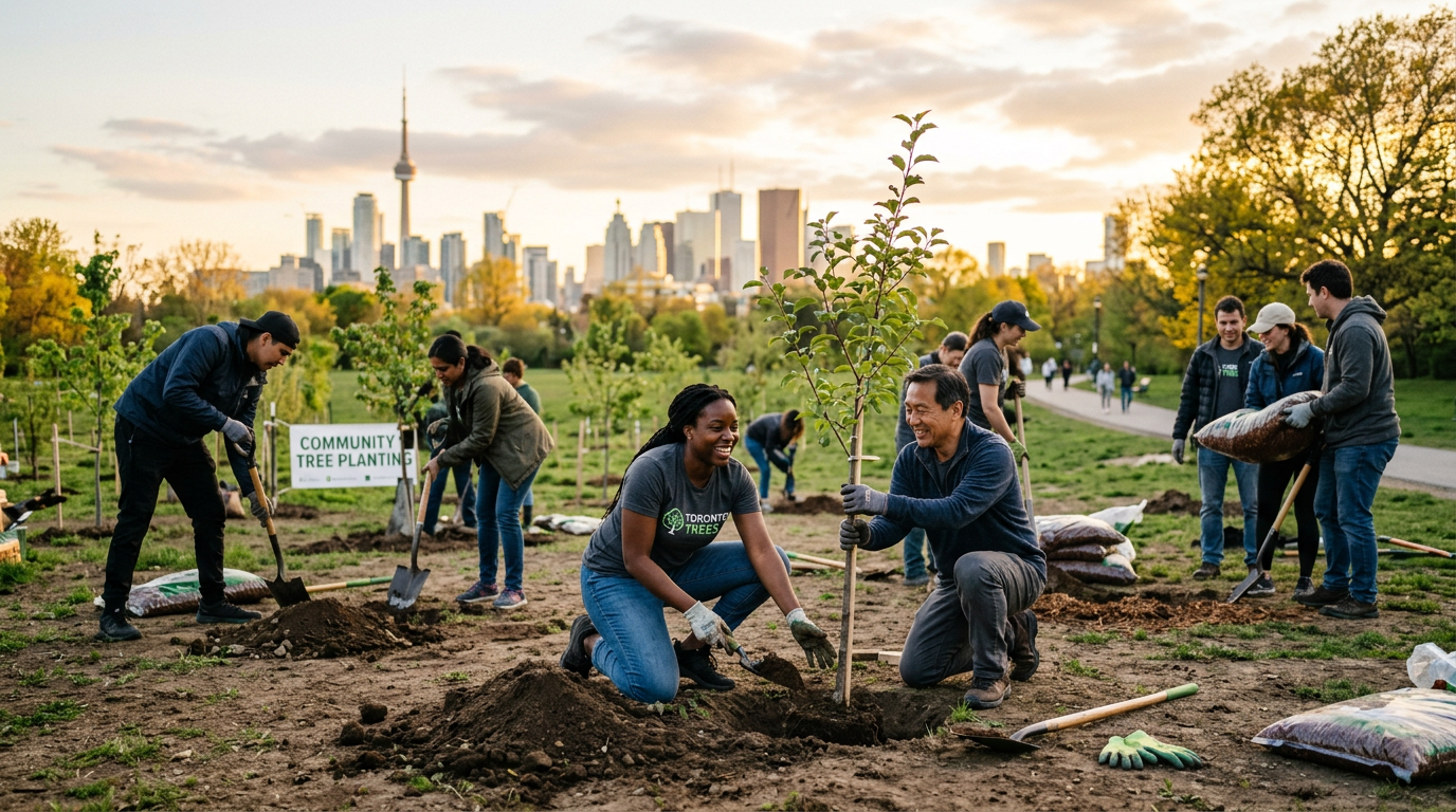 Community volunteers planting trees in a Toronto park at golden hour